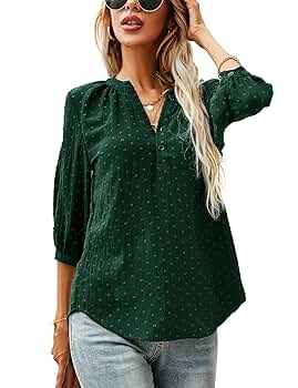 LOMON Spring 2025 V Neck Henley Shirts for Women Green Swiss